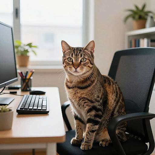 Photograph of a tabby cat with striped fur sitting on a black mesh office chair in front of a wooden desk with a keyboard, monitor, and