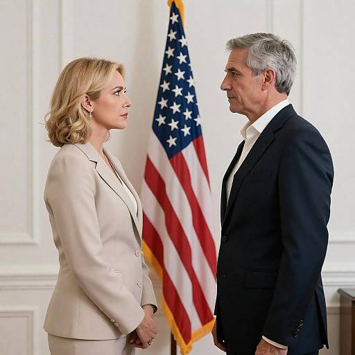 Serious man and woman facing each other by American flag