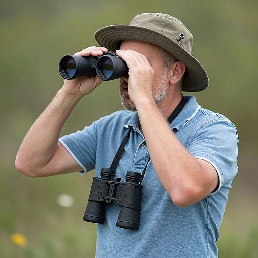 Photograph of an older man with gray beard, wearing a green hat and blue polo shirt, using black binoculars outdoors.