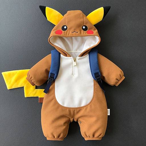 Photograph of a Pikachu-themed onesie with brown fabric, yellow ears and tail, white chest, blue backpack, and red cheeks, against a dark