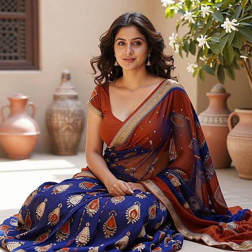 Photograph of a beautiful Indian woman with dark wavy hair, wearing a red and blue embroidered saree, sitting outdoors with terracotta pots and