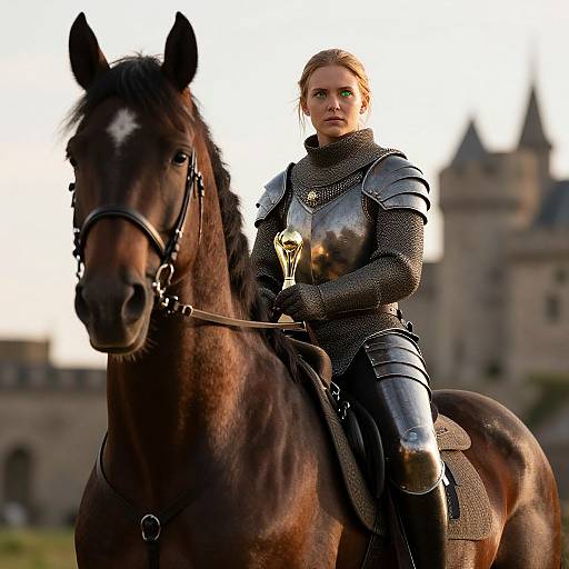Photorealistic CGI of a determined blonde woman in shiny silver armor riding a dark brown horse in front of a blurred castle.