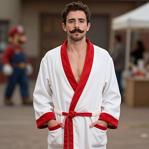 Photograph of a bearded man with a mustache, wearing a white robe with red trim and matching red tie, hands in pockets, standing outdoors