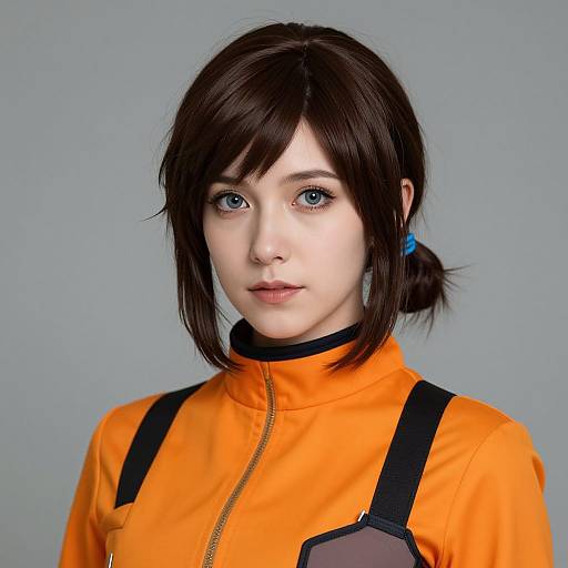 Digital portrait of a young woman with pale skin, blue eyes, and dark brown hair in a ponytail, wearing an orange jacket with black straps.