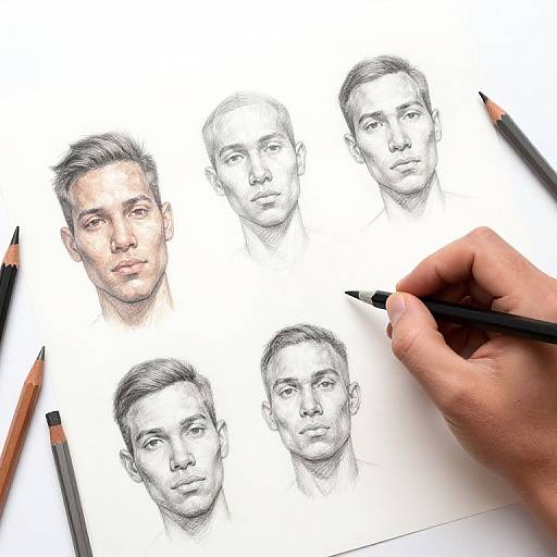 Photograph of a hand drawing six realistic pencil portraits of a man's face, with colored pencil tips surrounding the paper.