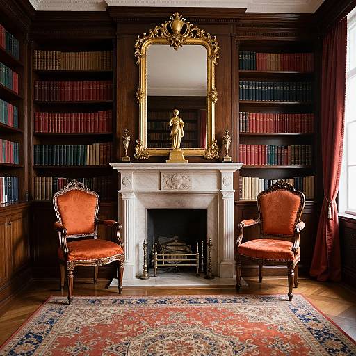 Photograph of a luxurious library room with a white marble fireplace, ornate gold mirror, red velvet chairs, bookshelves, and a colorful Persian