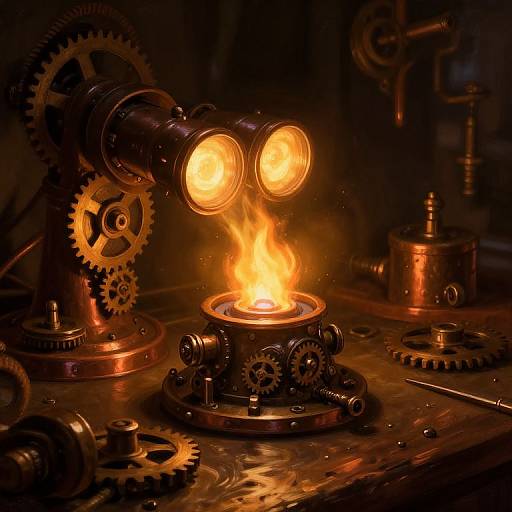 Steampunk-style photograph of glowing, orange-eyed goggles above a burning flame, surrounded by intricate, copper gears and machinery in a dimly lit,