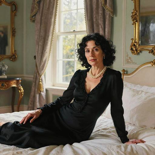 Photograph of a middle-aged woman with curly black hair, wearing a black dress and pearl necklace, reclining on a white bed in an elegantly