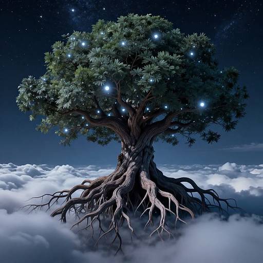 Digital artwork of a majestic tree with glowing stars in its branches, rooted in a sea of fluffy clouds under a starry night sky.