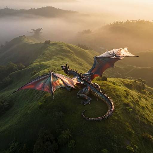 Photorealistic CGI of a black dragon with red and blue iridescent wings, perched on a lush, misty hill at sunrise.