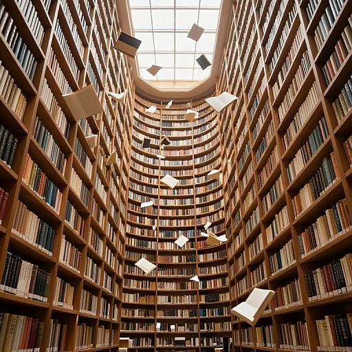 Photograph of a grand, circular library with wooden shelves filled with books, white pages floating from the ceiling, and a large skylight overhead.