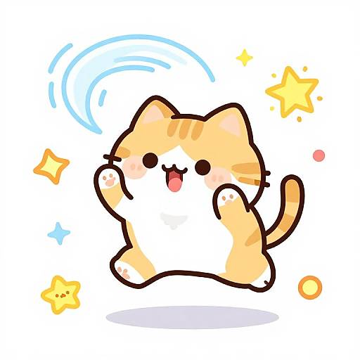 Cute, chibi-style, orange and white cartoon cat with a happy expression, jumping, surrounded by blue and yellow stars on a white background.