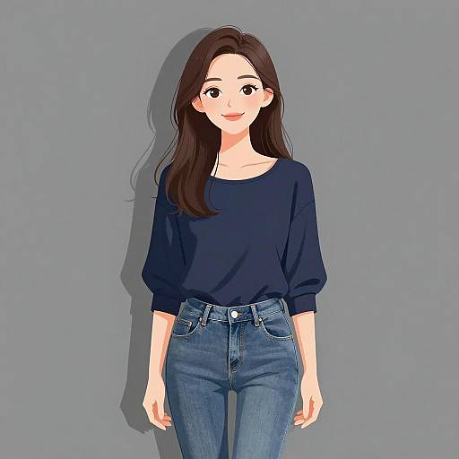 Digital anime-style drawing of a young woman with long brown hair, wearing a navy blue sweater and high-waisted blue jeans, standing against a gray