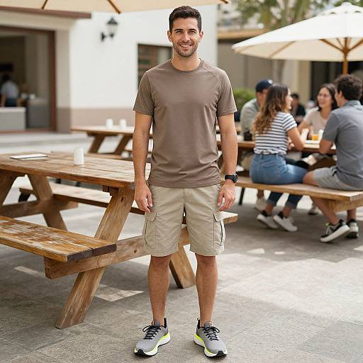 Photograph of a smiling, athletic-looking man with short dark hair, wearing a brown t-shirt, beige shorts, and black sneakers, standing outdoors near