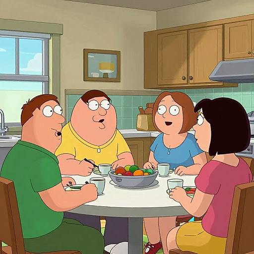 Cartoon-style image of four adults with exaggerated expressions, seated at a kitchen table with a fruit salad and drinks.