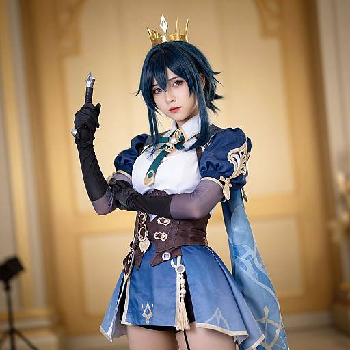 CGI image of a young woman in a blue and white fantasy cosplay outfit with black gloves, crown, and holding a crystal. Background: opulent