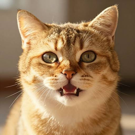Close-up photograph of a tabby cat with green eyes and white fur around the mouth, sunlight highlighting its fur, mouth slightly open, looking directly at