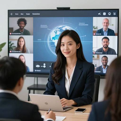 Photograph of an Asian woman in a black blazer, sitting at a conference table, smiling, with a projector screen behind her displaying profiles of diverse