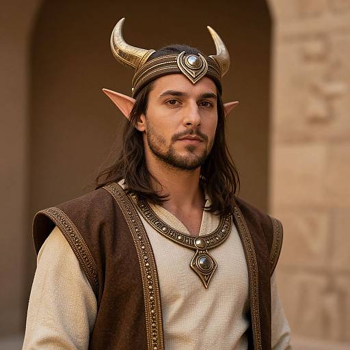 Photograph of a dark-haired, bearded man with pointed elf ears, wearing a horned helmet and medieval-style brown vest over a beige tunic