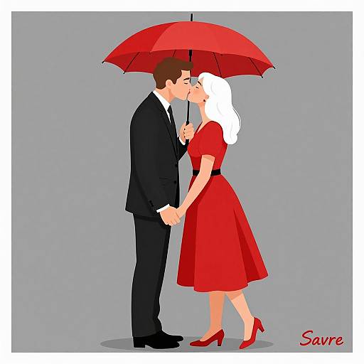 Romantic Kiss Under a Red Umbrella