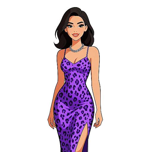 Digital illustration of a beautiful woman with black hair in a purple leopard-print dress with a thigh-high slit, wearing a silver necklace, standing confidently against a
