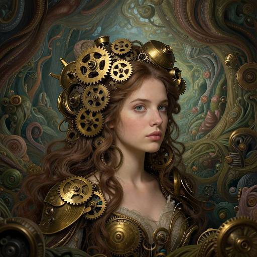 Digital art of a fair-skinned, blue-eyed woman with wavy brown hair adorned with gold gears, set against a swirling, steampunk-inspired