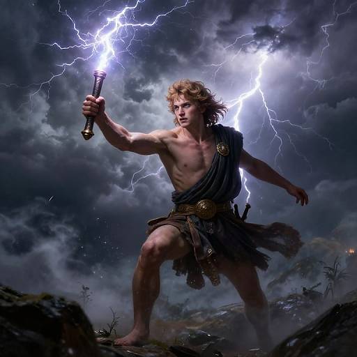 Photorealistic digital artwork of a muscular, shirtless, blonde warrior with a dark toga, holding a lightning-enchanted sword, standing in