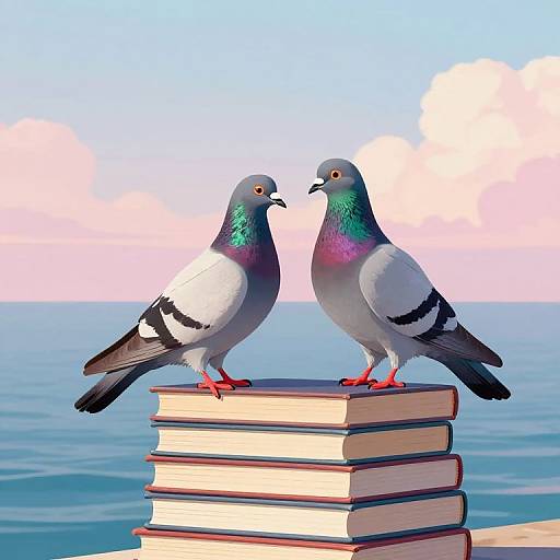 Digital illustration of two colorful pigeons with iridescent necks standing on a stack of books against a serene ocean and sky backdrop.