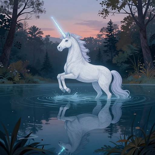 Digital illustration of a glowing white unicorn with a luminous horn, standing in a reflective, dark forest pond at sunset.