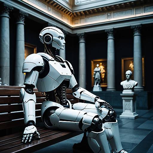 Futuristic Humanoid Robot Sitting in Museum
