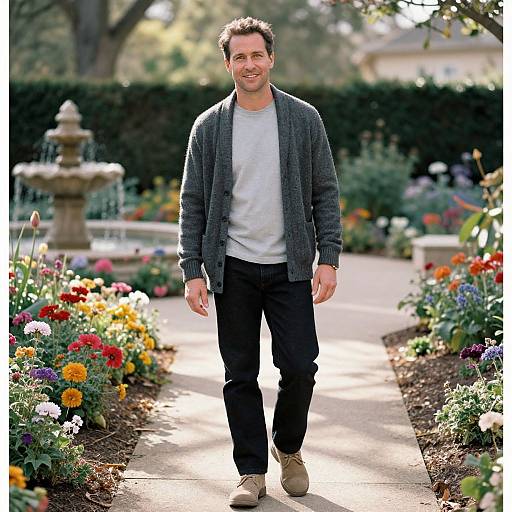Photograph of a smiling man with short dark hair, wearing a gray cardigan, white shirt, black pants, and tan shoes, walking along a