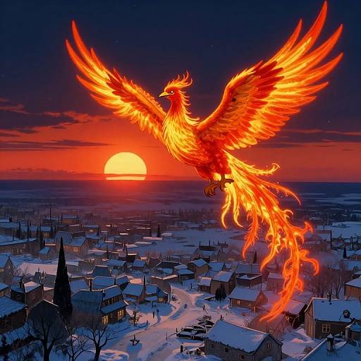 Digital artwork of a vibrant, fiery phoenix soaring over a snowy village at sunset, with the sun setting on the horizon.
