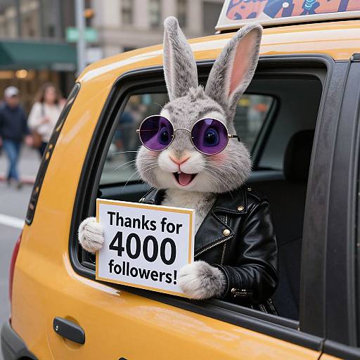 Photograph of a grey bunny with purple sunglasses, leather jacket, and sign 