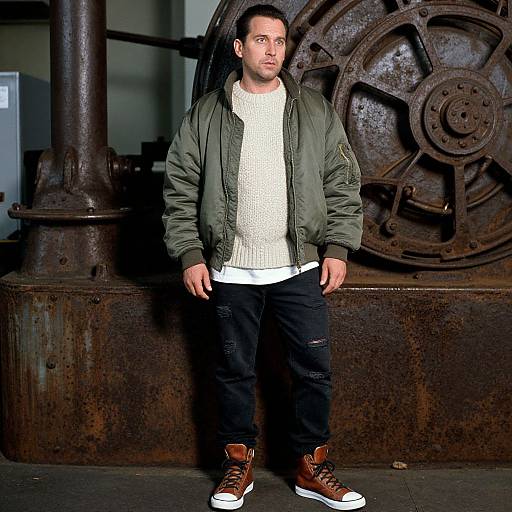 Photograph of a man with short dark hair, wearing a green jacket, white sweater, black pants, and brown sneakers, standing against a large rust