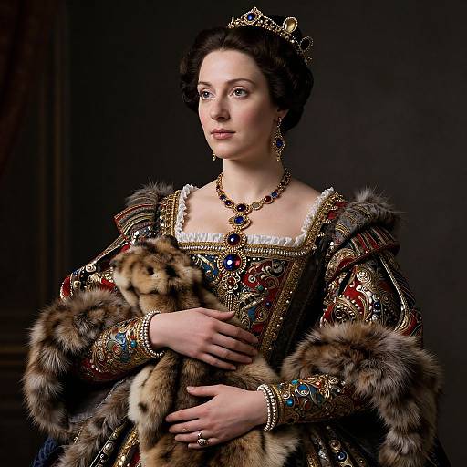 Photorealistic portrait of a regal woman in ornate, fur-trimmed Renaissance gown, holding a small dog, wearing a jeweled crown