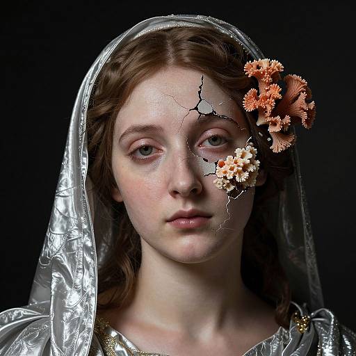 Photograph of a young woman with fair skin, brown hair, and blue eyes, wearing a silver plastic hood, with a cracked face and orange flowers
