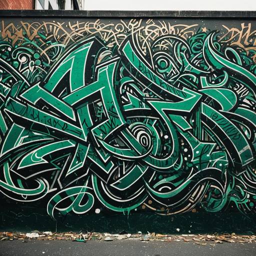 Intricate Emerald Green and Bronze Graffiti Mural