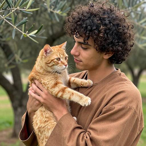 Young Man Holding Cat in Olive Grove