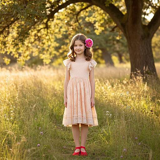 Young girl with curly brown hair, pink flower in hair, wearing peach dress and red shoes, standing in sunlit grassy field.