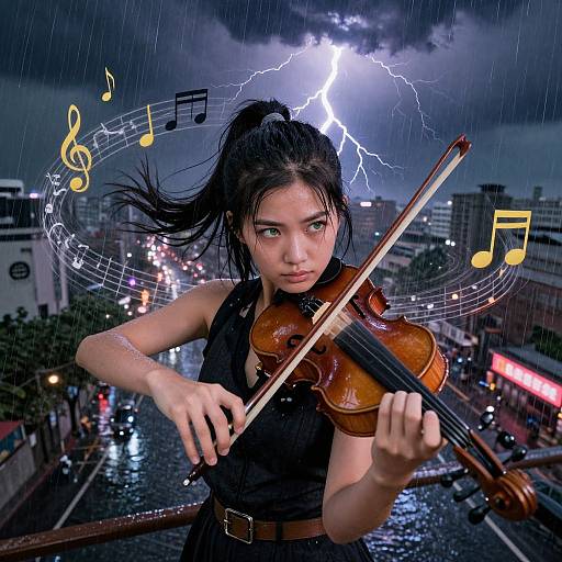 Photograph of Asian woman with black hair in a ponytail, playing violin in rainy urban setting with lightning, musical notes, and city lights in the