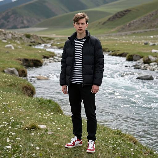 Young Man Standing by Mountain River