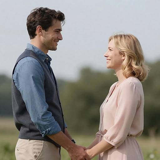 Photograph of smiling couple holding hands outdoors; man in blue shirt and black vest, woman in pink dress, green blurred background.