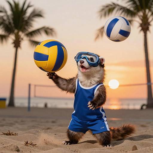 Cheerful Ferret Plays Volleyball at Sunset