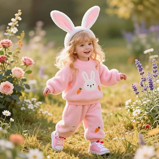 Cheerful Girl in Pink Bunny Outfit