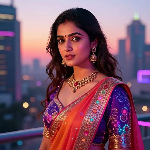 Photograph of an Indian woman with long dark hair, wearing a vibrant orange saree with gold and pink embroidery, against a cityscape sunset background.