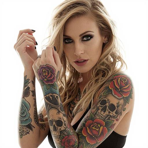 Tattooed Woman with Blonde Wavy Hair