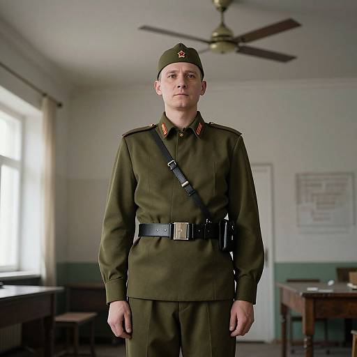 Photograph of a young, fair-skinned man in an olive-green military uniform with red insignia, black strap, and hat, standing in a