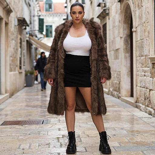 Photograph of a confident woman with dark hair in a ponytail, wearing a brown fur coat, white tank top, black skirt, and boots,