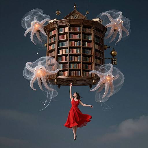 Photograph of a woman in a flowing red dress, floating below a floating bookshelf with glowing jellyfish-like creatures against a dark blue sky.