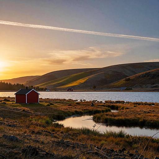 Sunset Over Tranquil Lake and Red Cabin